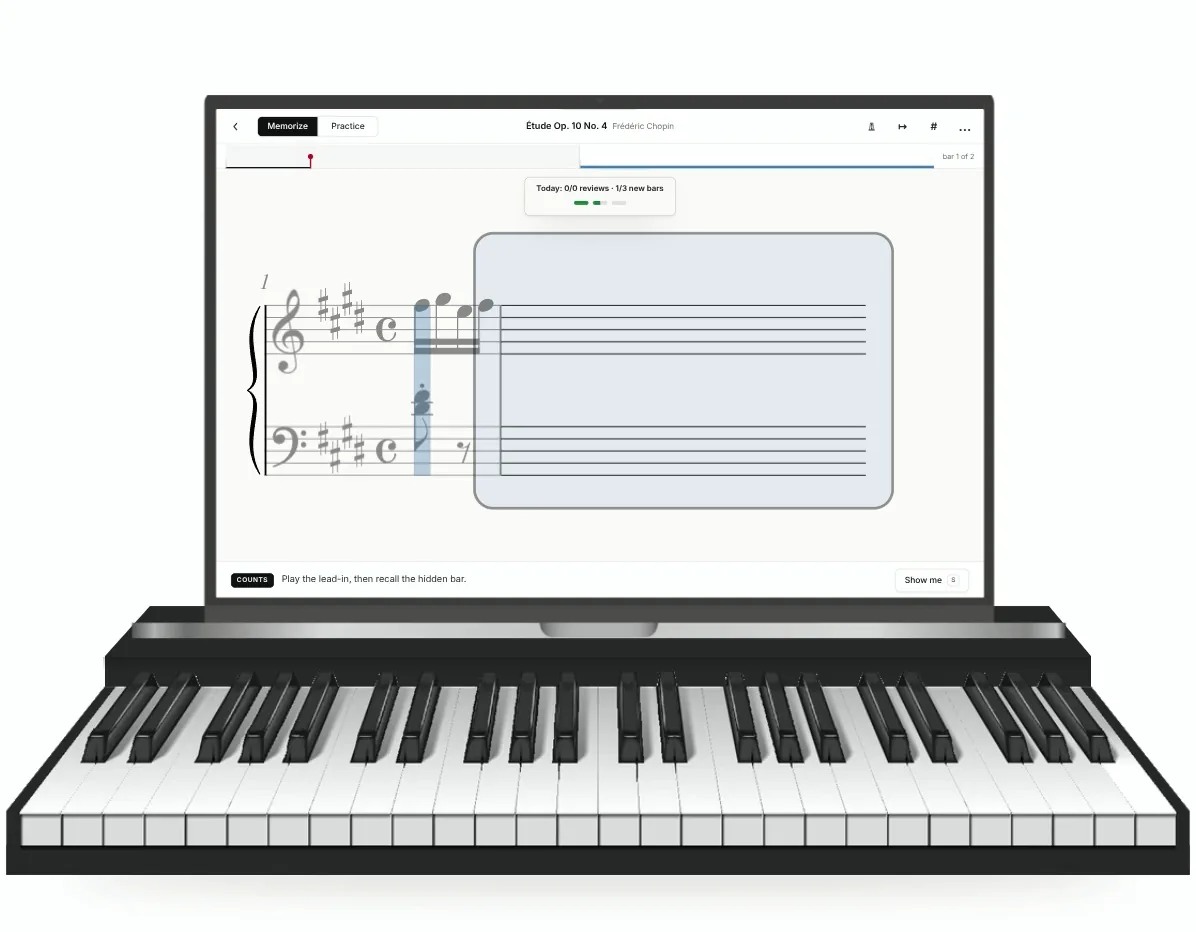 Piano memory review session showing a cue bar, listening, instant feedback, and progress.